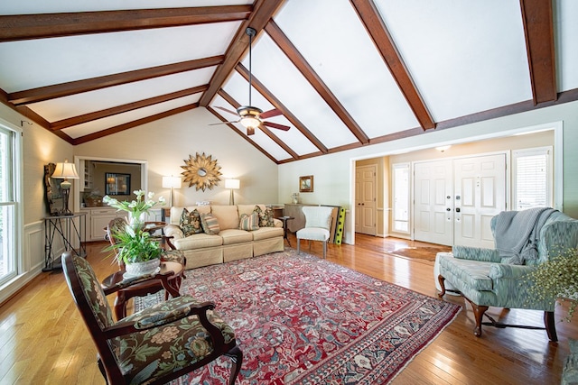 6130 Bristol Blvd, Columbus, GA 31904 - living area with light wood finished floors, beam ceiling, ceiling fan, and high vaulted ceiling
