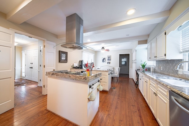 6130 Bristol Blvd, Columbus, GA 31904 - kitchen featuring dishwasher, island exhaust hood, a kitchen island, ceiling fan, and dark wood-style floors