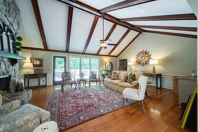 6130 Bristol Blvd, Columbus, GA 31904 - living area with wood finished floors, beamed ceiling, high vaulted ceiling, a fireplace, and a ceiling fan