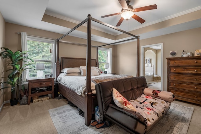 51 New Castle Dr, Phenix City, AL 36870 - bedroom with light colored carpet, crown molding, ceiling fan, and connected bathroom