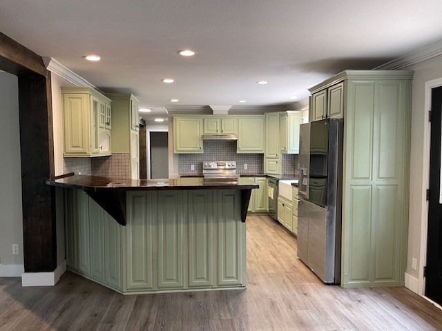 62 Brannon Montgomery Rd, Mauk, GA 31058 - kitchen featuring dark countertops, appliances with stainless steel finishes, light wood-type flooring, and a peninsula
