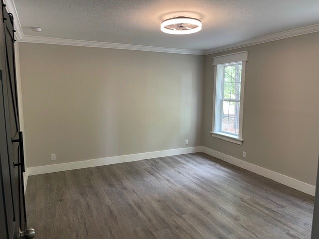 62 Brannon Montgomery Rd, Mauk, GA 31058 - unfurnished room featuring baseboards, ornamental molding, a barn door, and wood finished floors