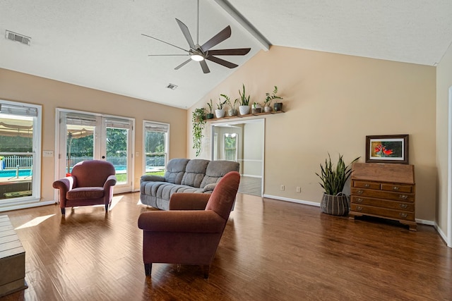 7096 Southwind Ct, Columbus, GA 31909 - living room with wood finished floors, a ceiling fan, beam ceiling, french doors, and baseboards