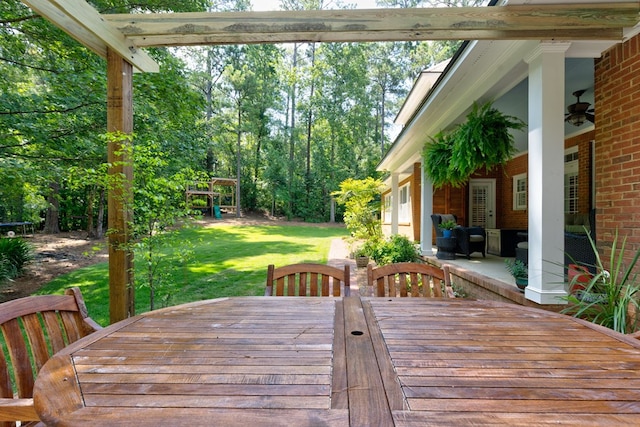 5023 Masters Ln, Columbus, GA 31909 - wooden terrace featuring a yard and ceiling fan