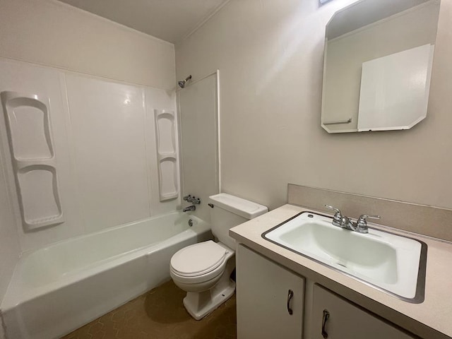 bathroom featuring vanity,  shower combination, and toilet