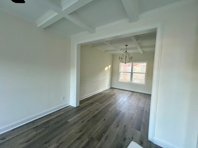 unfurnished dining area featuring coffered ceiling, crown molding, an inviting chandelier, dark hardwood / wood-style flooring, and beamed ceiling