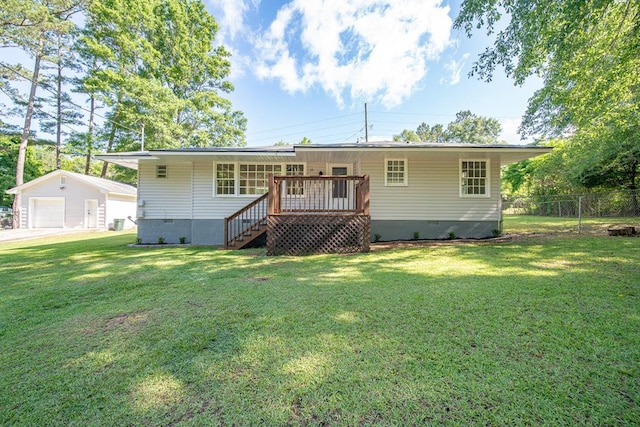 35 Dogwood St, West Point, GA 31833 - rear view of property with crawl space, a detached garage, stairs, a deck, and an outbuilding
