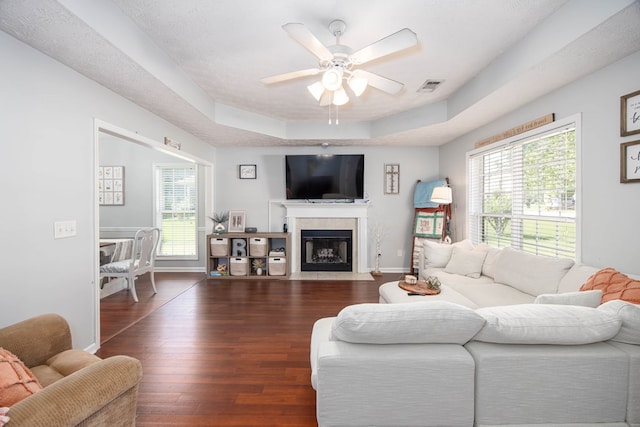 6 Lincolnshire Ln, Phenix City, AL 36870 - living room featuring a ceiling fan, a raised ceiling, wood finished floors, a tile fireplace, and healthy amount of natural light