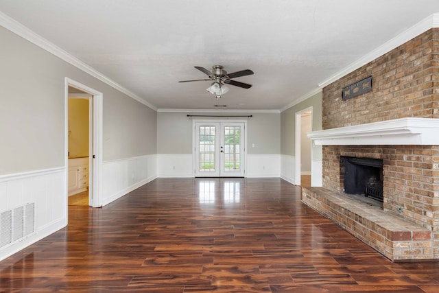 4 David Ct, Columbus, GA 31909 - unfurnished living room with ceiling fan, wood finished floors, french doors, crown molding, and wainscoting