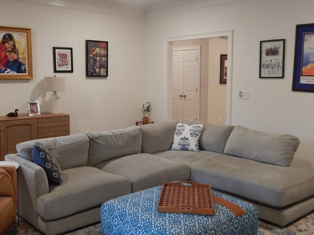 living room with ornamental molding