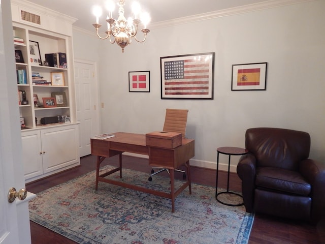 home office featuring ornamental molding, a chandelier, visible vents, and dark wood-style floors