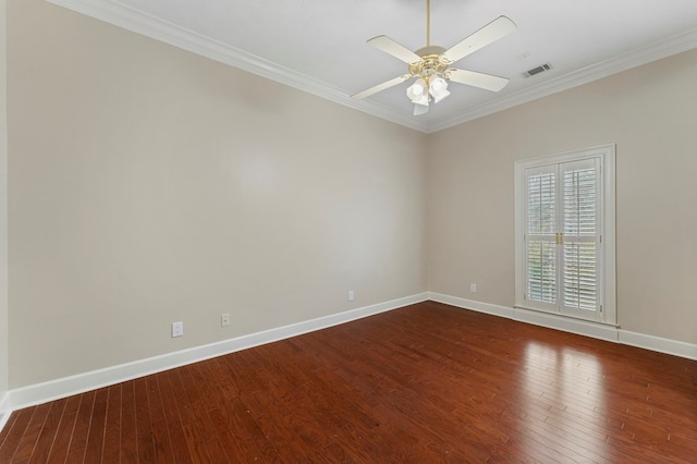 unfurnished room with ceiling fan, ornamental molding, and dark hardwood / wood-style flooring