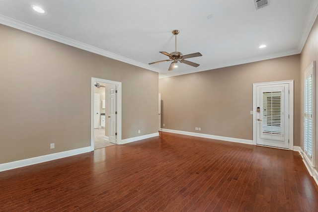 spare room with crown molding, hardwood / wood-style floors, and ceiling fan