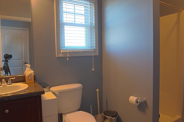 bathroom with plenty of natural light, toilet, vanity, and a shower