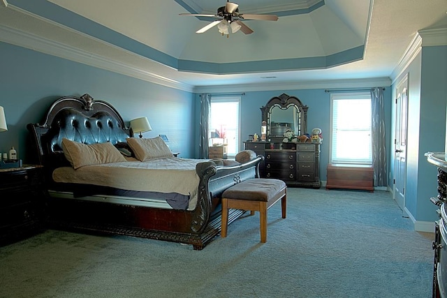 bedroom featuring multiple windows, a raised ceiling, ceiling fan, and carpet