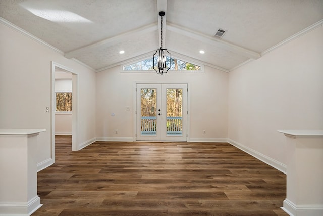 unfurnished dining area with baseboards, visible vents, dark wood finished floors, vaulted ceiling with beams, and french doors