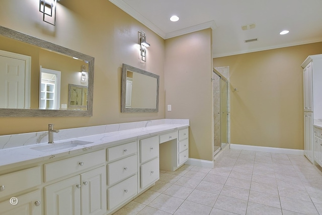 4701 Turnberry Ln Unit 12, Columbus, GA 31909 - bathroom with tile patterned floors, visible vents, a shower stall, crown molding, and vanity