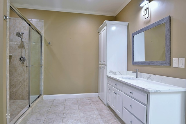 4701 Turnberry Ln Unit 12, Columbus, GA 31909 - bathroom featuring a stall shower, baseboards, vanity, and crown molding