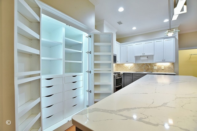 4701 Turnberry Ln Unit 12, Columbus, GA 31909 - kitchen with open shelves, light stone countertops, crown molding, and appliances with stainless steel finishes
