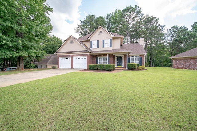 4854 Champions Way, Columbus, GA 31909 - traditional-style house with concrete driveway, a front lawn, an attached garage, brick siding, and a chimney