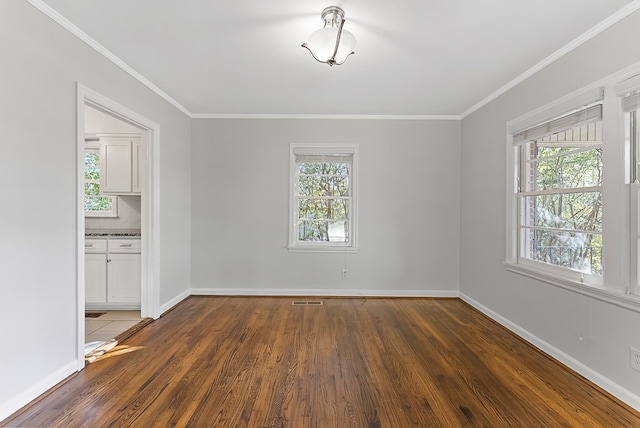 interior space featuring dark wood-type flooring, a wealth of natural light, and ornamental molding