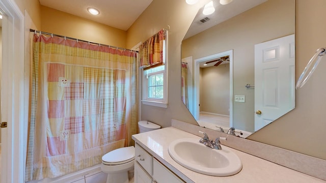 5007 Spyglass Ct, Columbus, GA 31909 - full bathroom with vanity, a ceiling fan, toilet, shower / bathtub combination with curtain, and visible vents