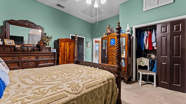 carpeted bedroom featuring a closet and ceiling fan