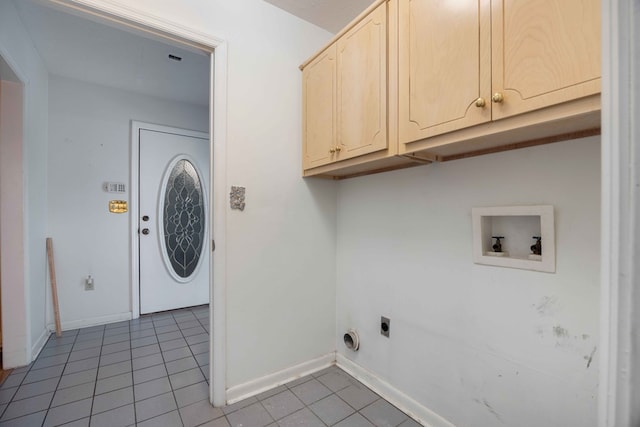 laundry area featuring washer hookup, light tile patterned floors, cabinet space, hookup for an electric dryer, and baseboards