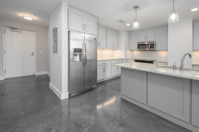 kitchen with visible vents, electric panel, tasteful backsplash, appliances with stainless steel finishes, and baseboards