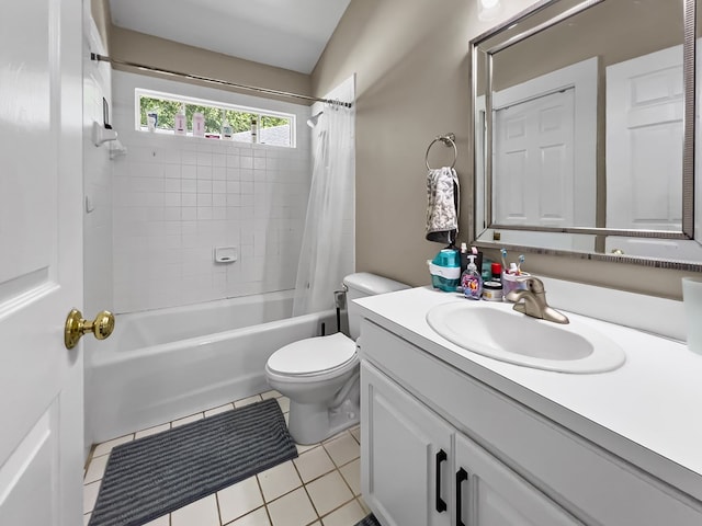 bathroom featuring shower / tub combo, vanity, tile patterned flooring, and toilet