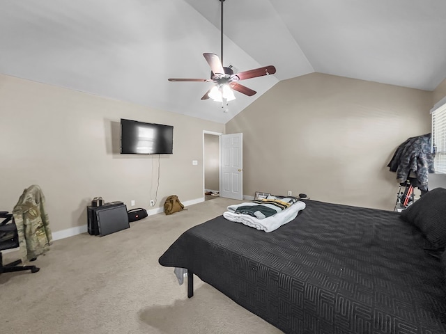 carpeted bedroom with ceiling fan, lofted ceiling, and baseboards