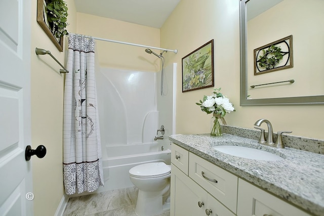 full bathroom with vanity, toilet, and shower / bathtub combination with curtain