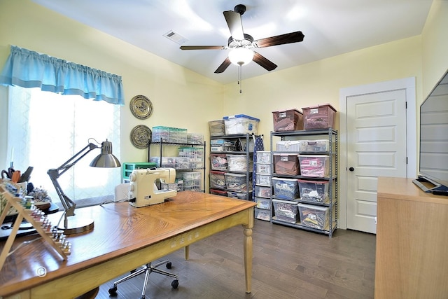 office space with ceiling fan and dark hardwood / wood-style floors