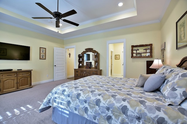 carpeted bedroom featuring a raised ceiling, ceiling fan, and crown molding