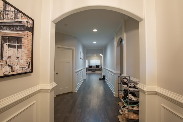6845 Admiral Dr, Midland, GA 31820 - hallway with recessed lighting, arched walkways, and dark wood-style floors