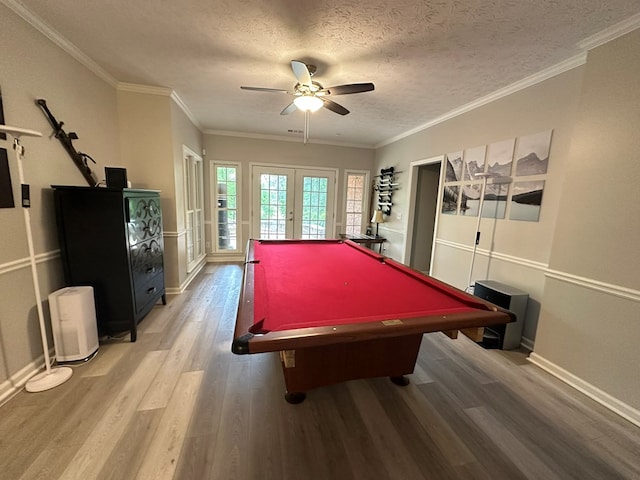 recreation room with ceiling fan, french doors, pool table, light wood-type flooring, and baseboards