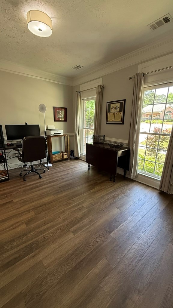 office space with crown molding, dark wood-style floors, a textured ceiling, and visible vents