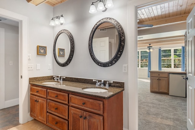 bathroom featuring ceiling fan, vanity, and wooden ceiling