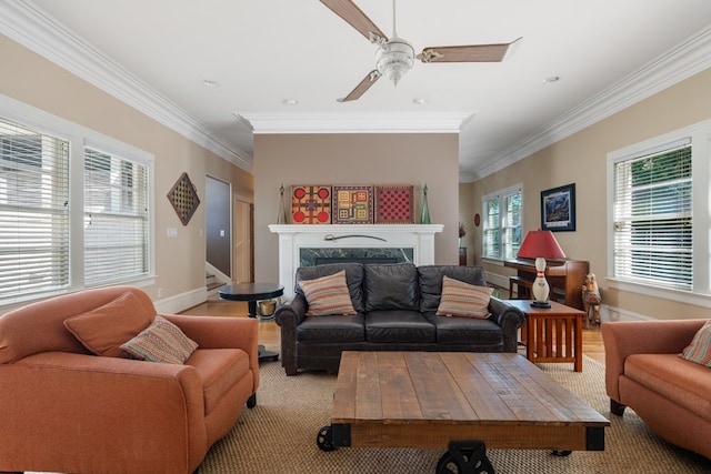 living room with ceiling fan, crown molding, and a premium fireplace