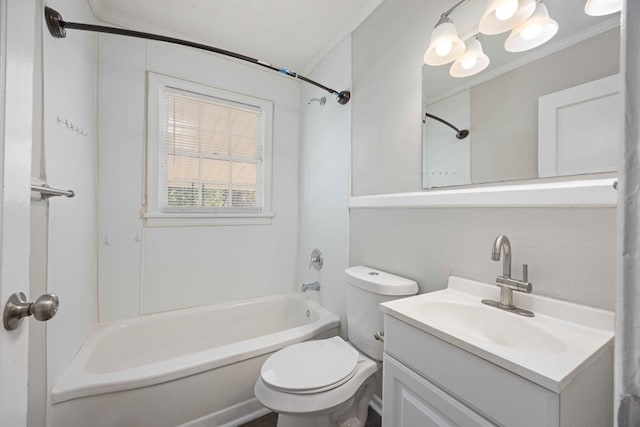 full bathroom with bathing tub / shower combination, crown molding, vanity, and toilet