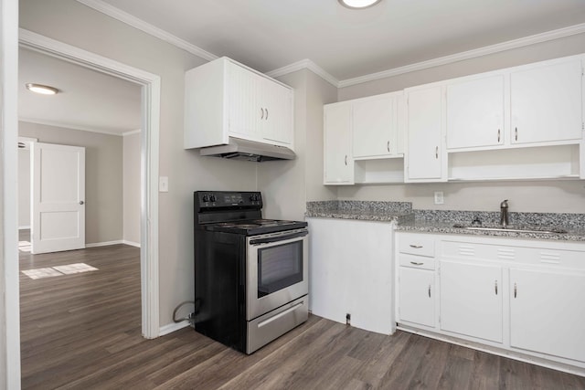 kitchen featuring stainless steel range with electric cooktop, sink, dark hardwood / wood-style floors, ornamental molding, and white cabinetry