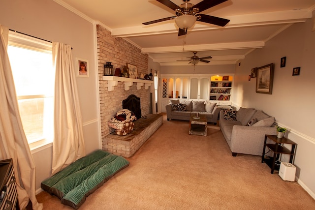 living room featuring carpet floors, a fireplace, ornamental molding, and beamed ceiling