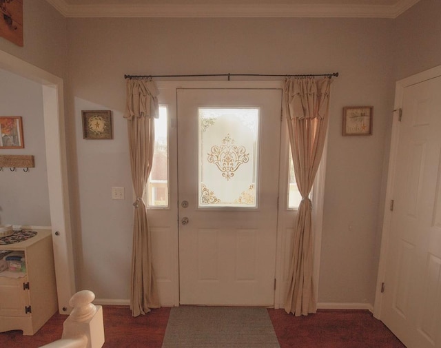 entryway with ornamental molding, dark wood-style flooring, and baseboards