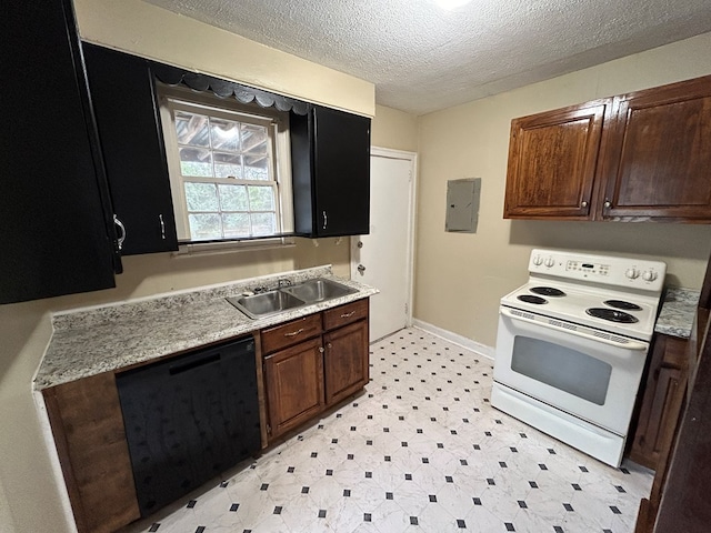 kitchen with sink, black dishwasher, white electric range, electric panel, and a textured ceiling