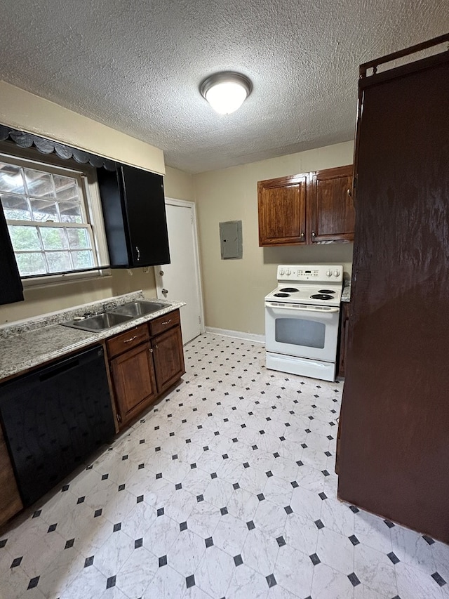 kitchen featuring electric panel, sink, a textured ceiling, black dishwasher, and white electric range oven