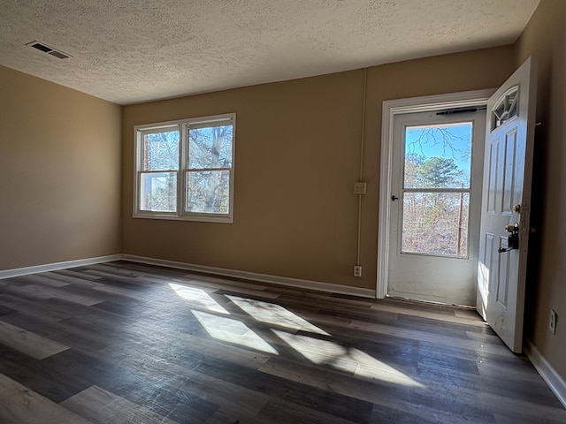 entryway featuring a textured ceiling, plenty of natural light, and dark hardwood / wood-style floors