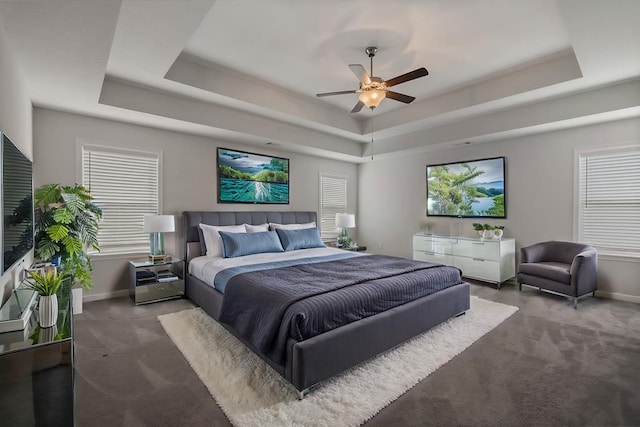 bedroom with multiple windows, carpet, a raised ceiling, and ceiling fan