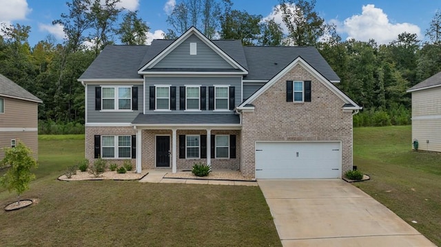 craftsman-style home featuring a porch, a garage, and a front lawn