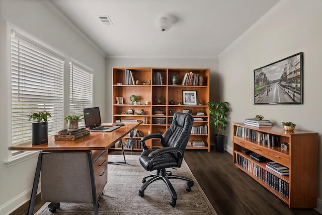 office area with dark hardwood / wood-style floors and ornamental molding