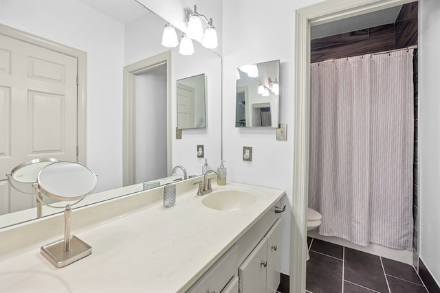 bathroom with tile patterned flooring, a shower with curtain, vanity, and toilet